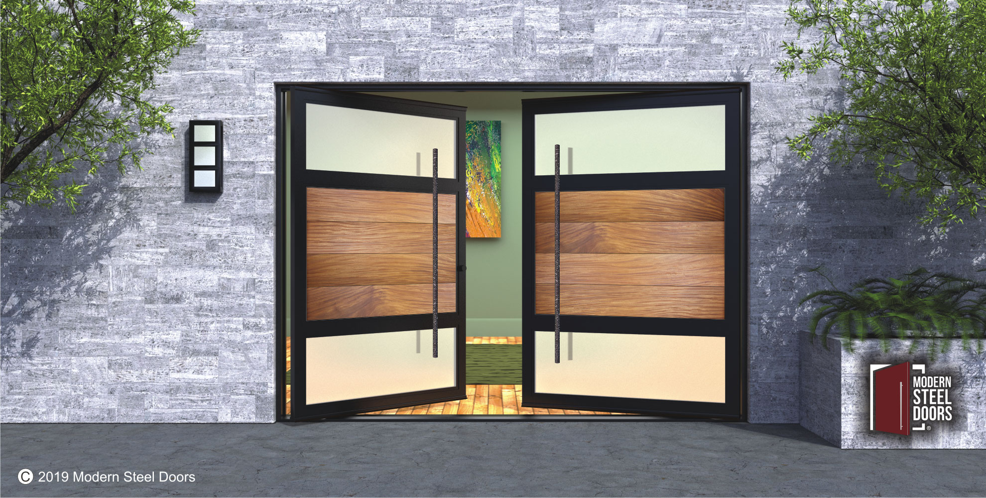Modern Double Front Doors with Glass and Teak Panels