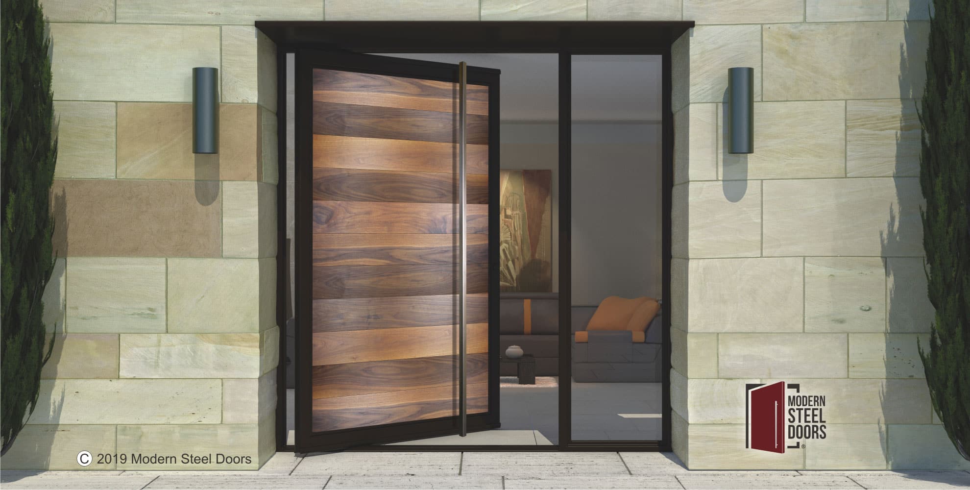 modern front door made of genuine walnut hardwood and steel with custom square door handles and sidelight