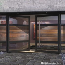 large modern double doors made of genuine walnut wood and glass with stainless steel door handles and sidelights