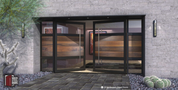 large modern double doors made of genuine walnut wood and glass with stainless steel door handles and sidelights