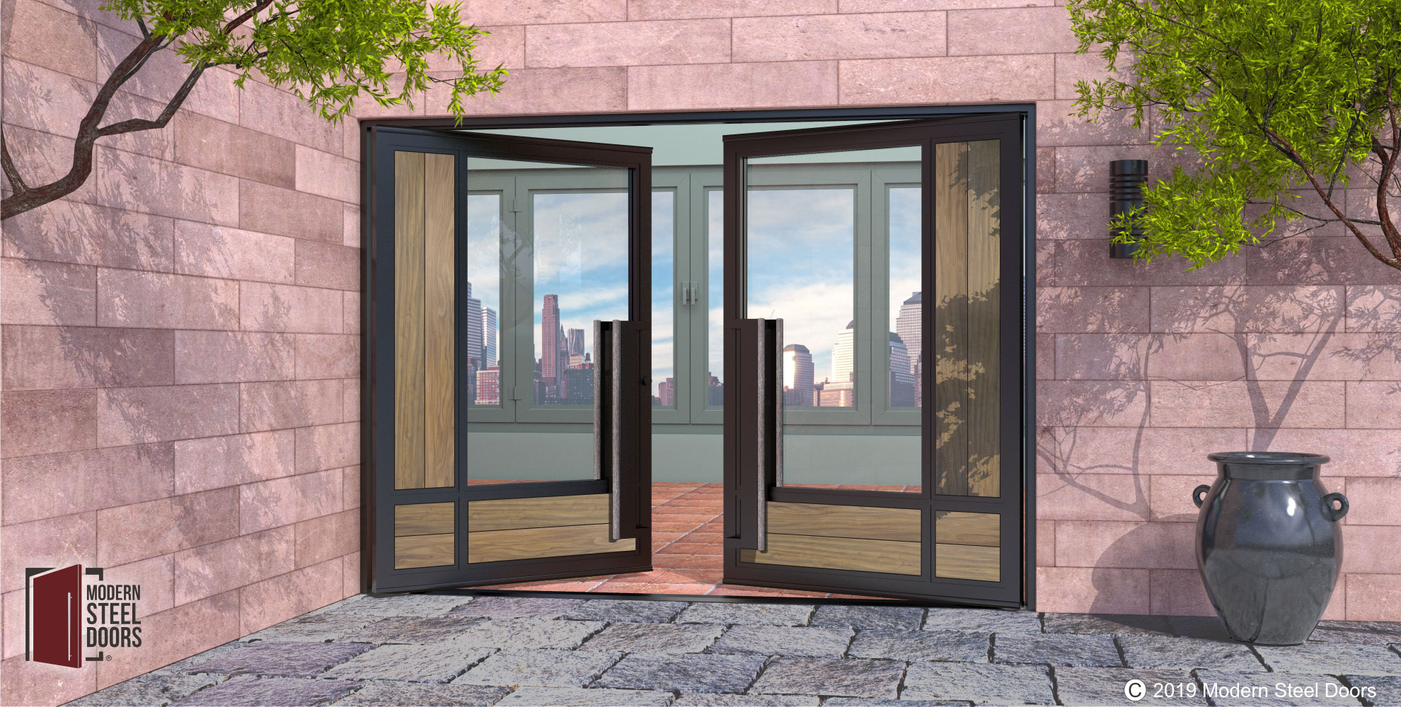 modern front double doors made of washed teak wood and glass with matching custom door hardware