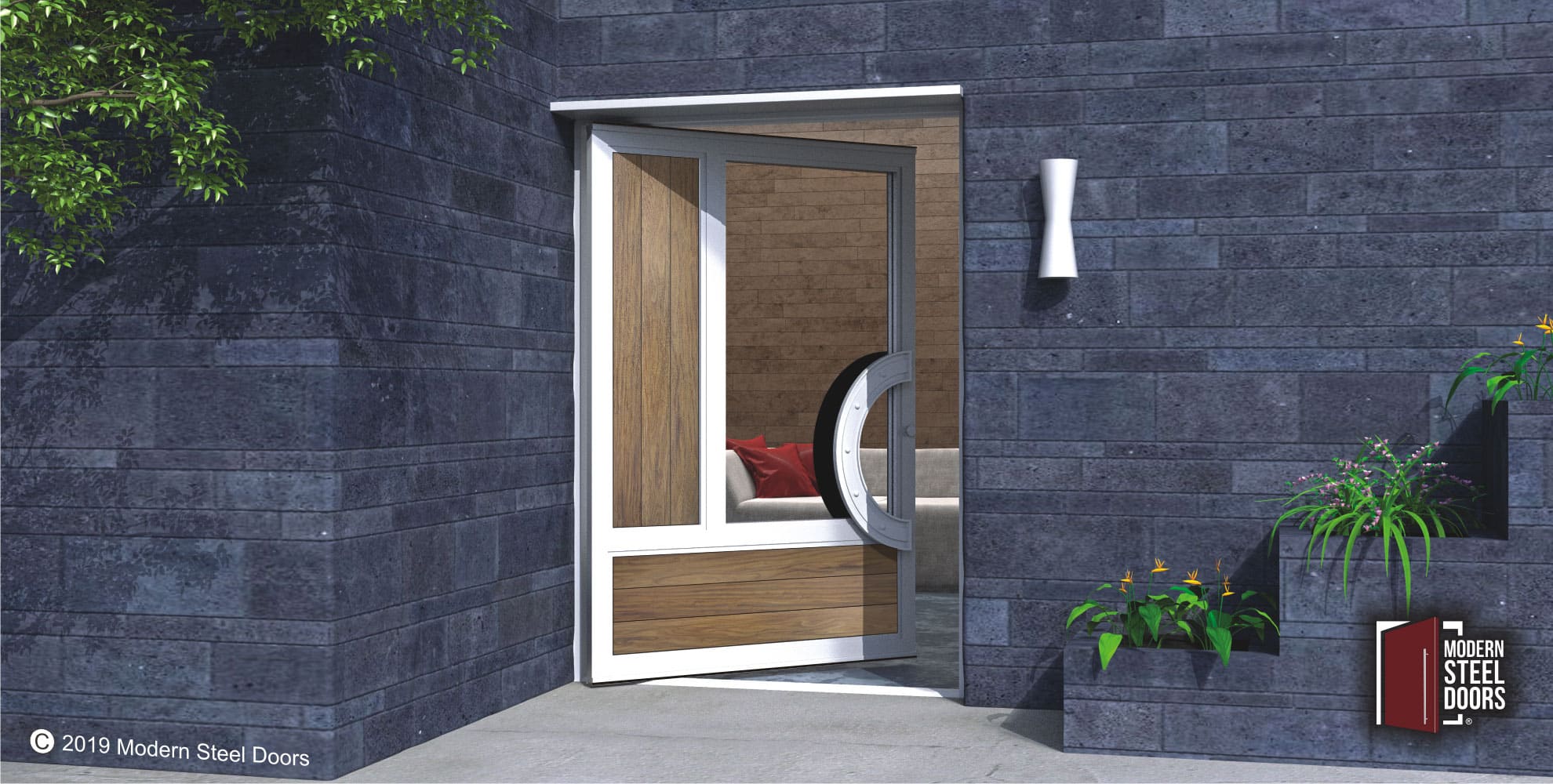 luxury exterior door made of washed teak wood and glass with curved modern door handles