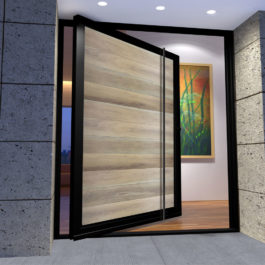 modern front door design made of genuine hardwood and metal with matching long door pulls