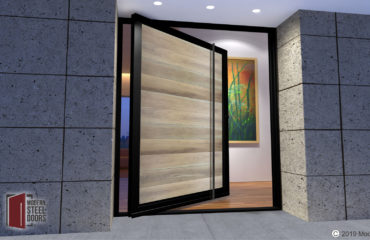 modern front door design made of genuine hardwood and metal with matching long door pulls