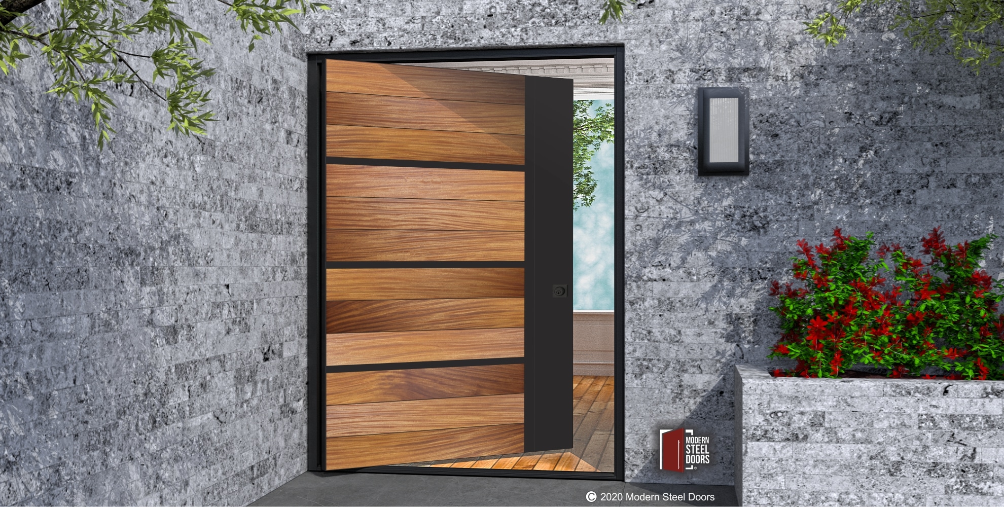 Contemporary Wood Front Door with Metal Accent Strips