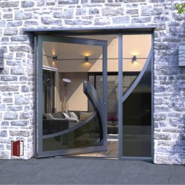 large single pivot door wave design made of clear and tinted glass with gray curved door handles and matching sidelight