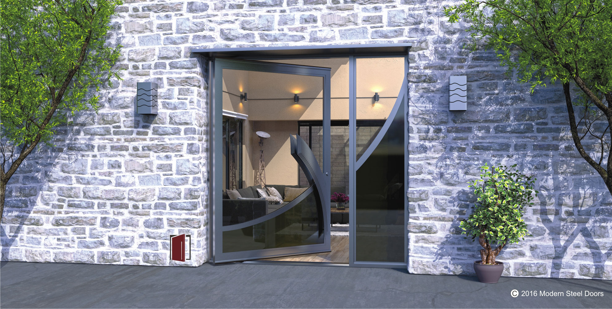 large single pivot door wave design made of clear and tinted glass with gray curved door handles and matching sidelight