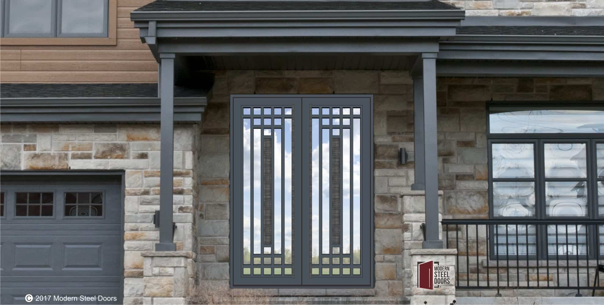 metal and glass transitional double door with custom door pulls and accent door centerpieces on home front
