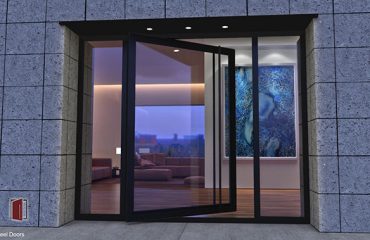 custom modern front door design made of glass and metal with round long black door hardware and sidelights