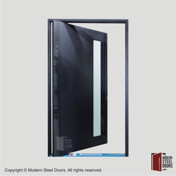 treated raw steel pivot door with vertical glass door lite and matte finish