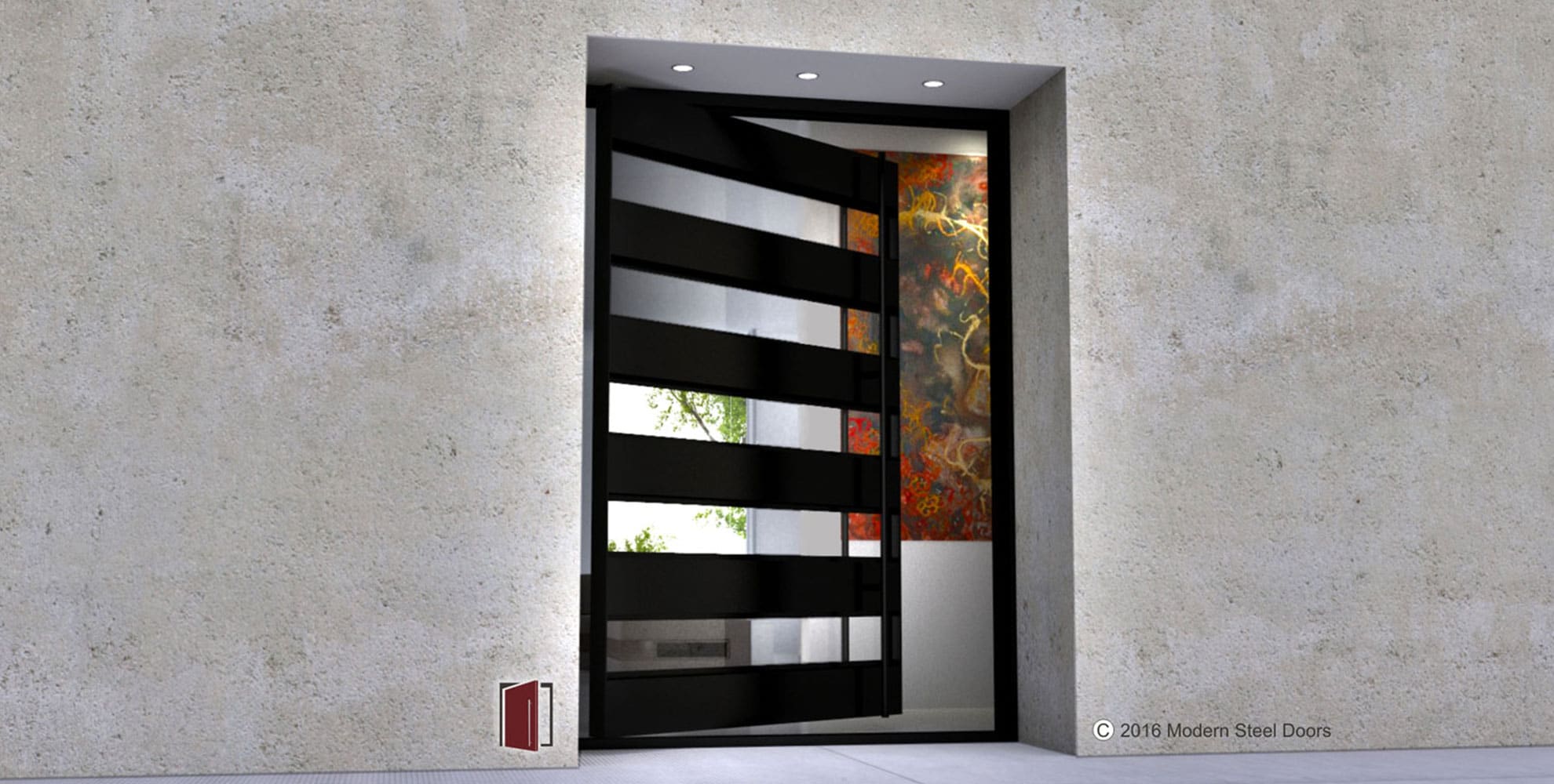 black modern entrance door made of glass and metal with round black long door hardware